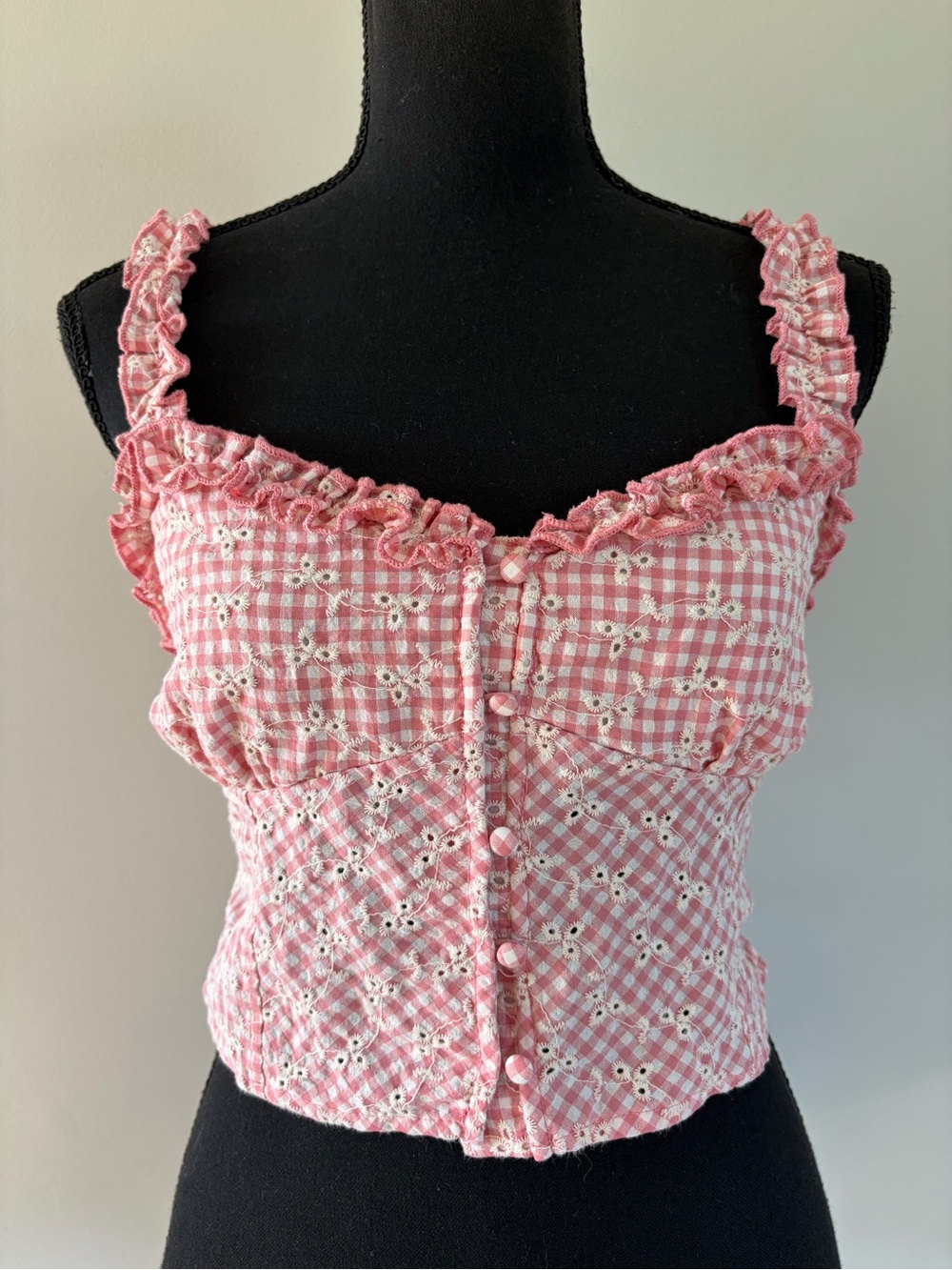Women’s Kirious Los Angeles Pink Gingham Eyelet Ruffle Crop Top size M